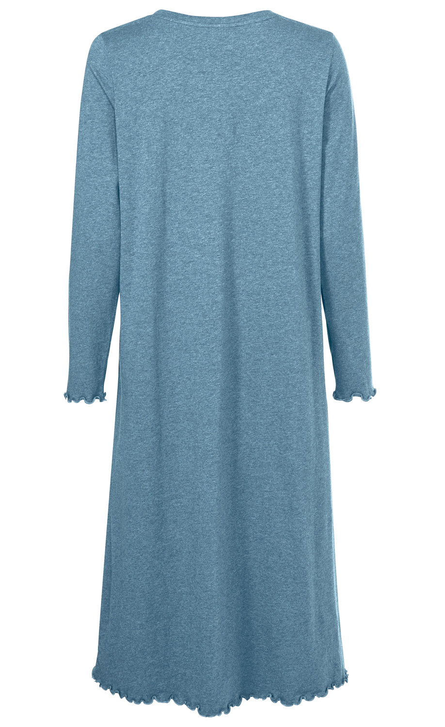 blaues langärmeliges Kleid mit Rundhalsausschnitt, wellenförmigem Saum und Ärmelsaum, glatter Stoff, Rückansicht