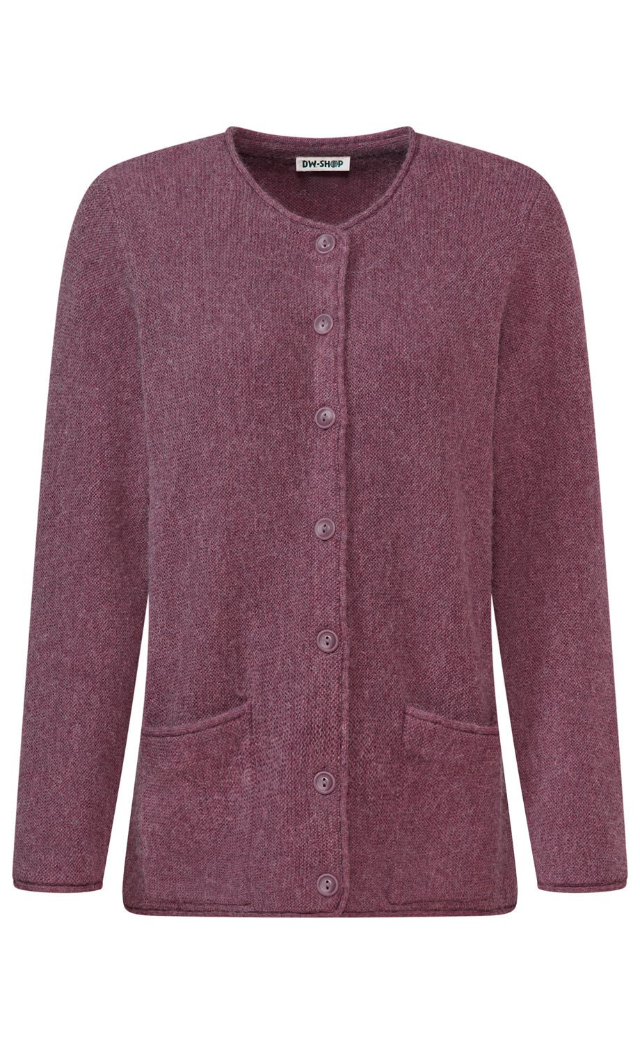 Damen-Strickjacke in dunklem Lila mit Rundhalsausschnitt, durchgehender Knopfleiste, langen Ärmeln und zwei aufgesetzten Taschen, weiche Struktur, einfache Passform