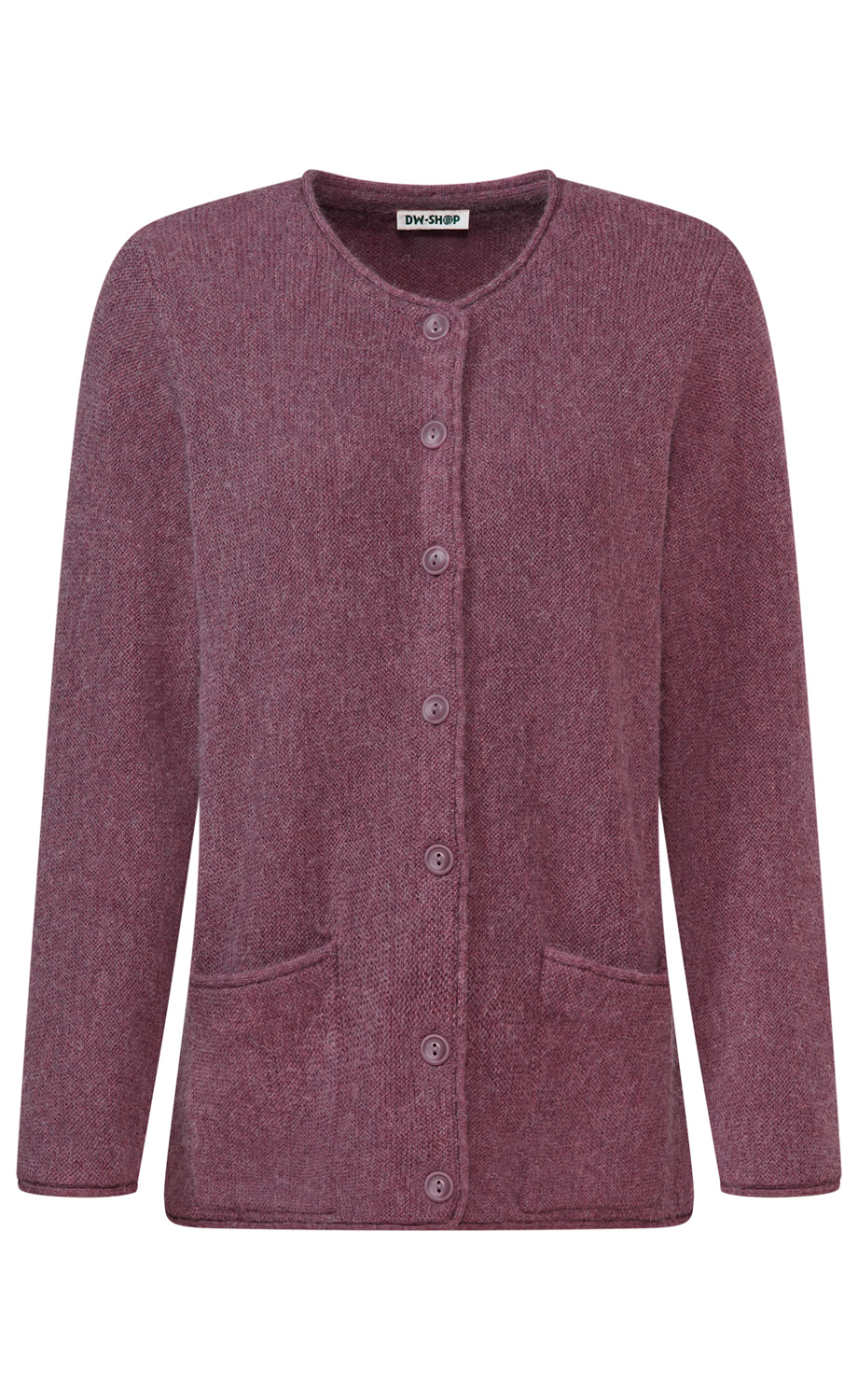 Damen-Strickjacke in dunklem Lila mit Rundhalsausschnitt, durchgehender Knopfleiste, langen Ärmeln und zwei aufgesetzten Taschen, weiche Struktur, einfache Passform