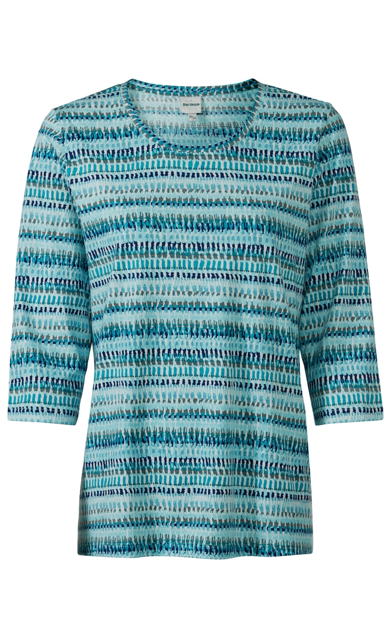 Baumwoll-Shirt in Hellblau mit abstraktem, mehrfarbigem Muster in Türkis, Blau und Grau, Rundhalsausschnitt und 3/4-Ärmeln