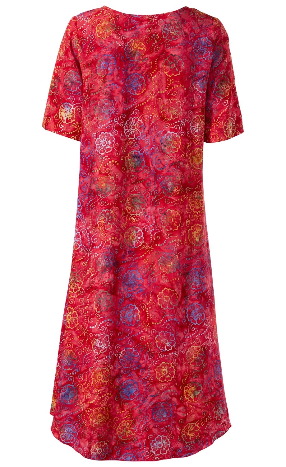 Rotes Viskose-Kleid mit kurzen Ärmeln, A-Linien-Schnitt, floralem Muster in Blau, Gelb und Weiß, weichem, leicht glänzendem Stoff, Rückenansicht.