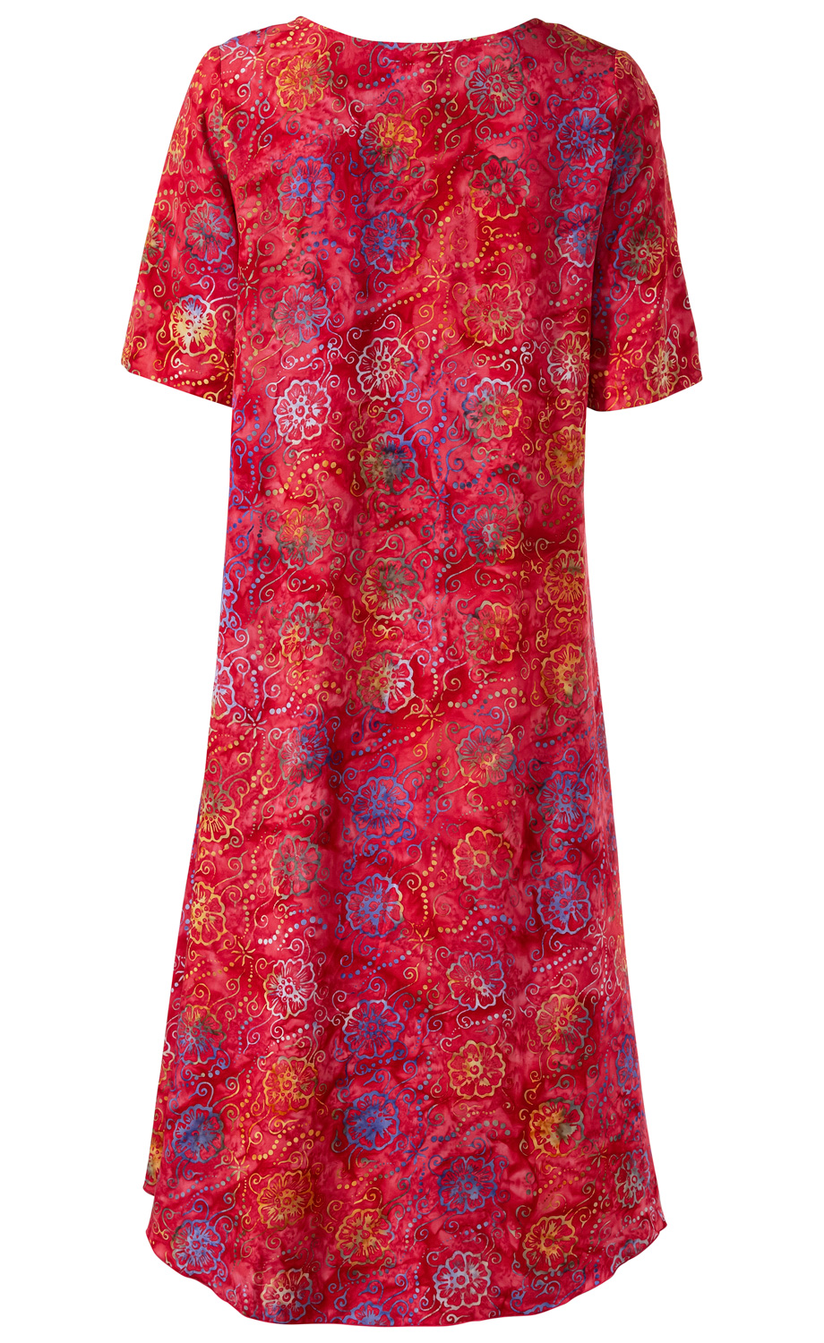 Rotes Viskose-Kleid mit kurzen Ärmeln, A-Linien-Schnitt, floralem Muster in Blau, Gelb und Weiß, weichem, leicht glänzendem Stoff, Rückenansicht.