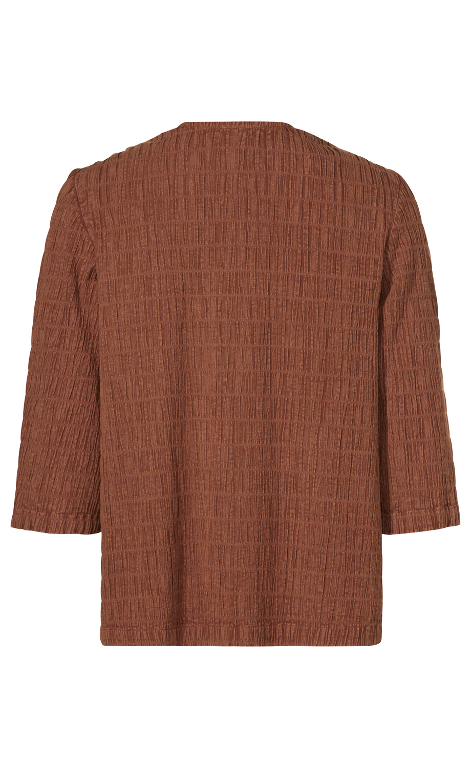Baumwoll-Jacke in Rostbraun mit Dreiviertelärmeln und strukturierter, geriffelter Oberfläche, Rückansicht, locker geschnitten, ohne Verschluss, schlichtes Design