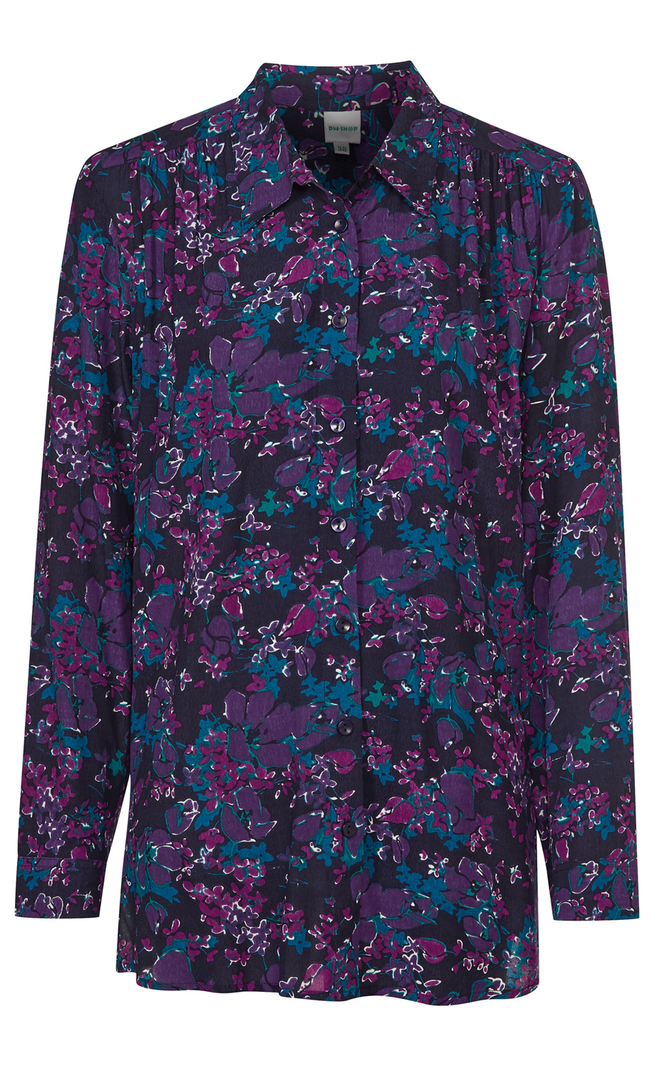 Viskose-Bluse mit langem Arm, Knopfleiste und klassischem Kragen, dunkelblau mit lila, rosa und türkis floralem Muster, leichte Falten an den Schultern, lockere Passform