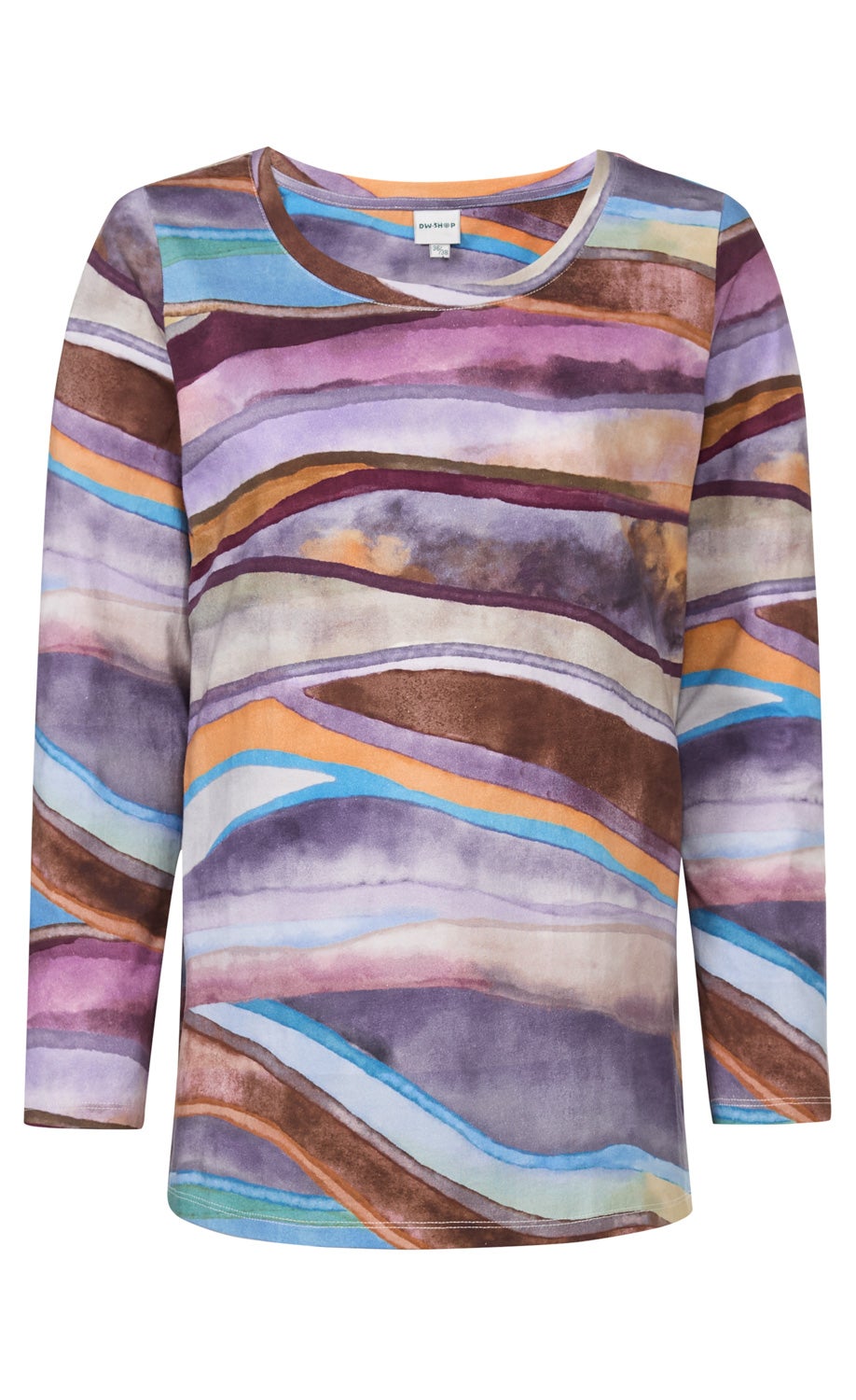 Baumwoll-Shirt mit langem Arm, rundem Halsausschnitt, abstraktem Wellendesign in Lila-, Braun-, Blau- und Orangetönen, leichtes Material, bequem und modisch.