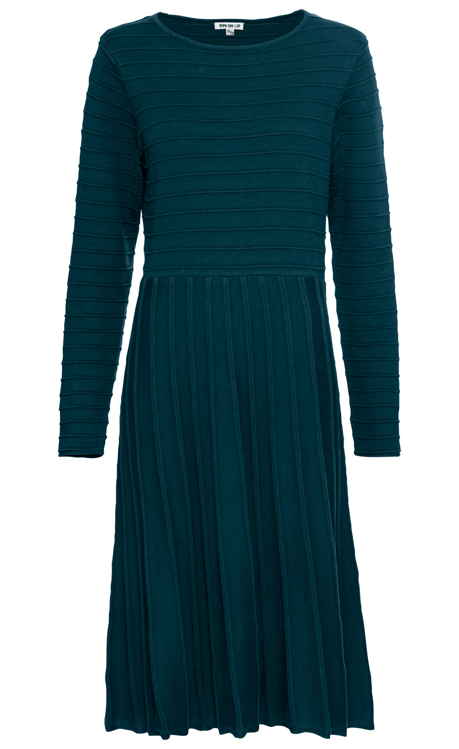 dunkelgrünes, langärmeliges Damenkleid aus geripptem Stoff, knielang, mit Rundhalsausschnitt, obere Hälfte mit horizontalem Rippenmuster, Rockteil mit vertikalen Rippen, figurbetont und elegant