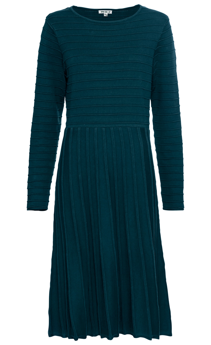 dunkelgrünes, langärmeliges Damenkleid aus geripptem Stoff, knielang, mit Rundhalsausschnitt, obere Hälfte mit horizontalem Rippenmuster, Rockteil mit vertikalen Rippen, figurbetont und elegant