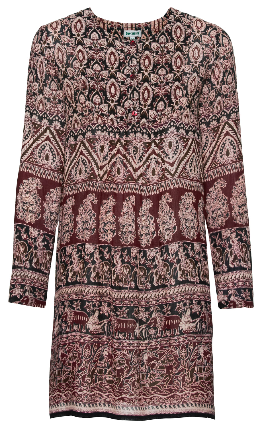 Viskose-Kleid mit langem Arm, buntem, detailreichem Ethno-Muster in Braun-, Rot- und Rosatönen, Knopfleiste am Ausschnitt, knieumspielende Länge, leichte Stoffstruktur