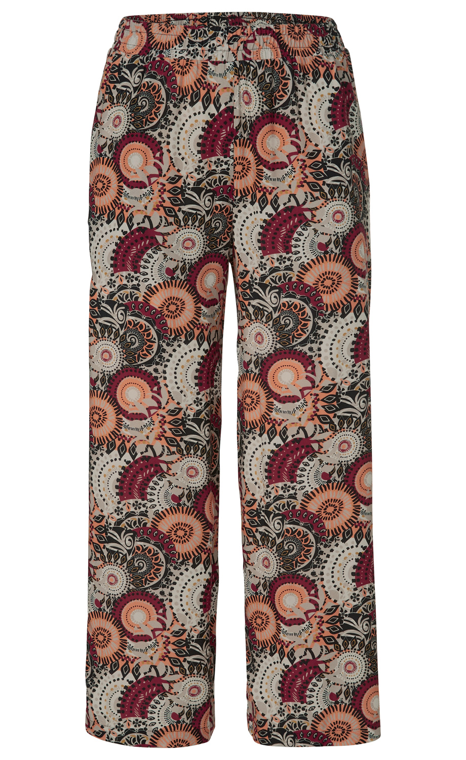 Viskose-Hose mit weitem Bein, elastischem Bund, buntes Muster in Rot-, Orange- und Beigetönen mit floralen und geometrischen Motiven