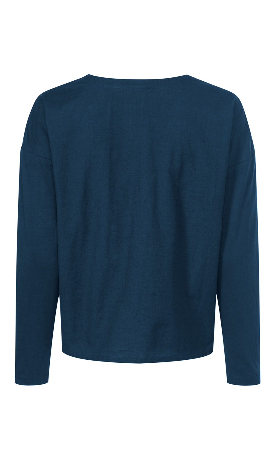 Baumwoll-Mix-Bluse in Dunkelblau, langärmlig, gerade geschnitten, mit weitem Rundhalsausschnitt, Rückansicht, schlichte und elegante Optik, luftiges und leichtes Material, ideale Alltagsbluse