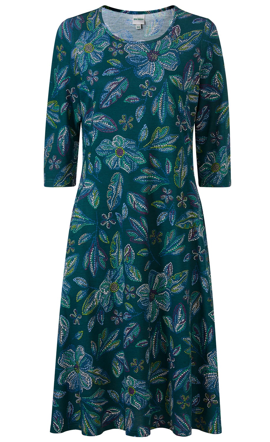 grünes Viskose-Kleid mit 3/4-Ärmeln, Rundhalsausschnitt, schwingendem Rock, allover floralem Muster in Blau-, Grün- und Violetttönen