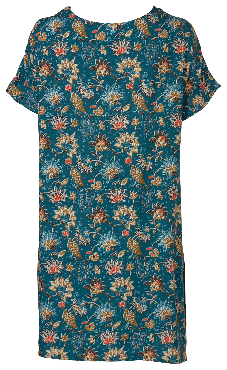 Rückenansicht eines knielangen Viskose-Kaftans mit kurzem Arm, blauem Grund und floralem Muster in Beige, Braun, Weiß und Rot, lockerer Schnitt