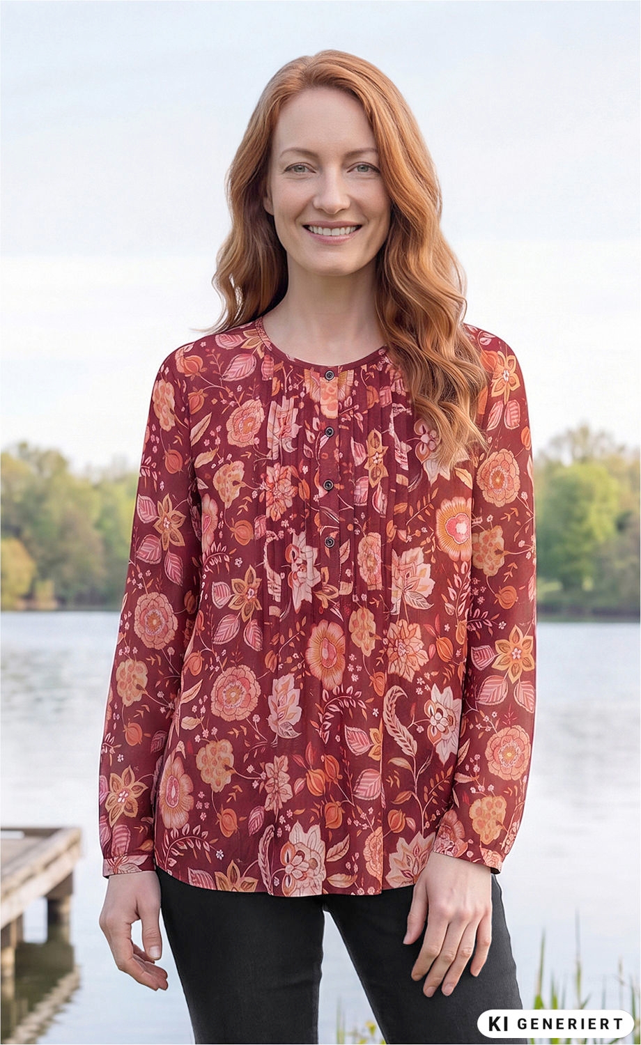 Frau mit roten Haaren trägt eine langärmlige Modal-Bluse in Rot mit großem floralen Muster, steht entspannt vor einem See mit Bäumen im Hintergrund, lächelt, trägt schwarze Hose, natürliche Umgebung, Tageslicht