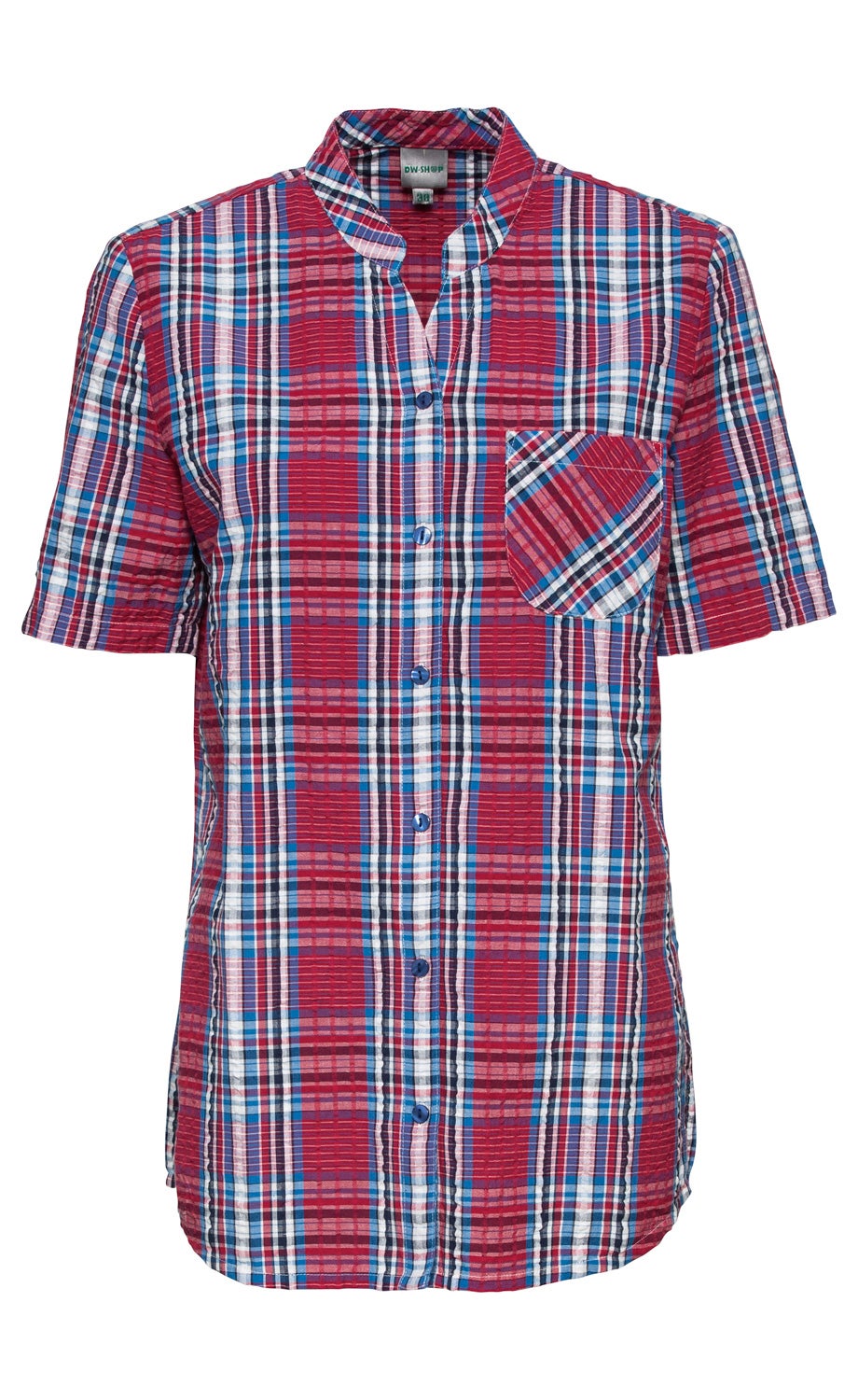 Baumwoll-Bluse mit kurzem Arm, Stehkragen, Knopfleiste und aufgesetzter Brusttasche, kariert in Rot, Blau, Weiß und Schwarz, leichte Strukturierung im Stoff, locker geschnitten