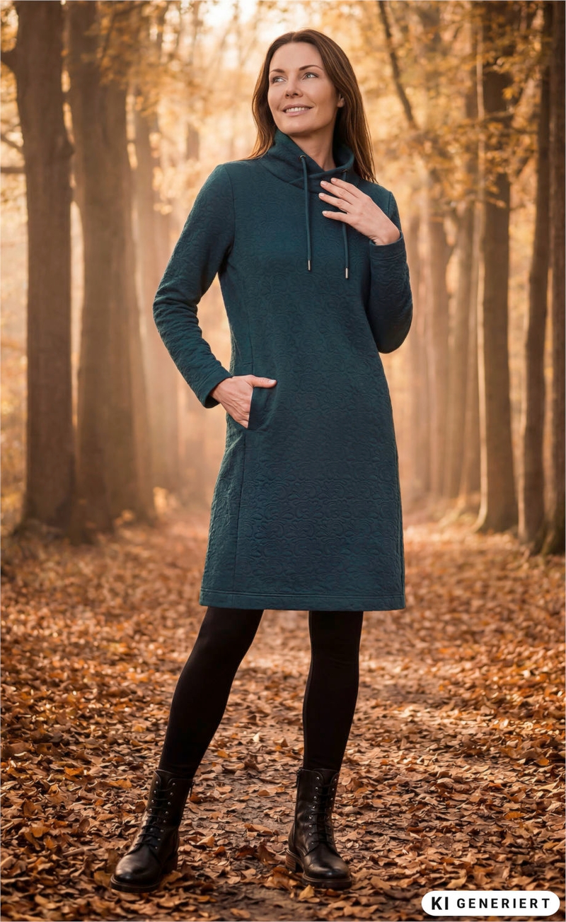 Frau trägt grünes Baumwoll-Kleid mit hohem Kragen und Taschen, schwarze Leggings und Stiefel, steht lächelnd auf mit Herbstlaub bedecktem Waldweg, Sonne scheint durch Bäume, herbstliche Atmosphäre