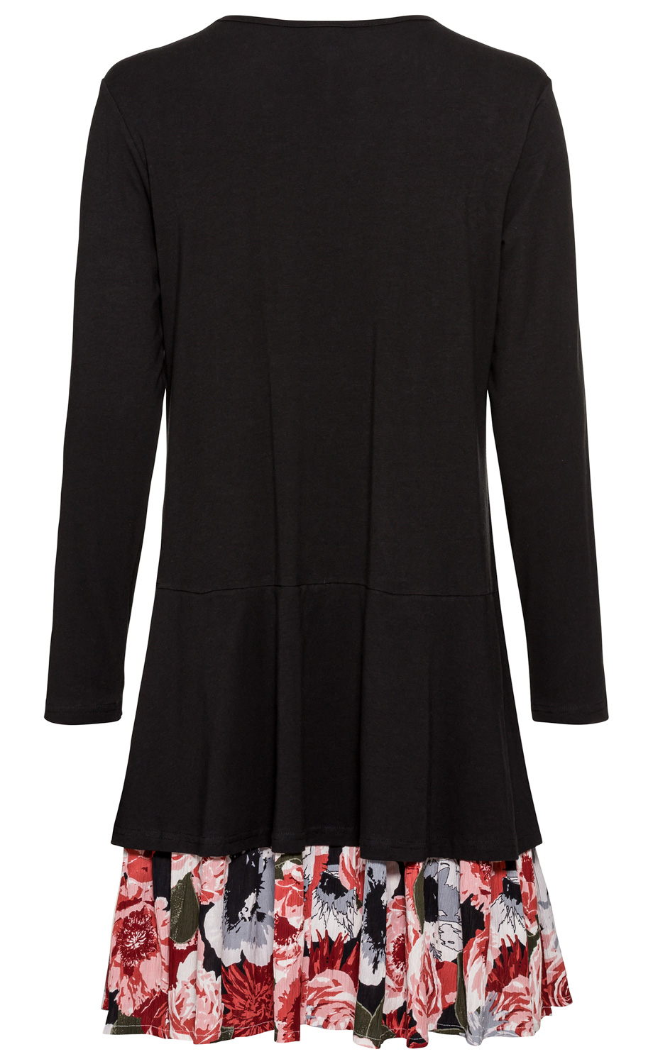 Baumwoll-Mix-Kleid, Rückansicht, langärmlig, schwarze obere Hälfte mit leicht ausgestelltem Schnitt, Unterteil mit buntem Blumenmuster in Rot-, Weiß- und Grautönen, knieumspielende Länge