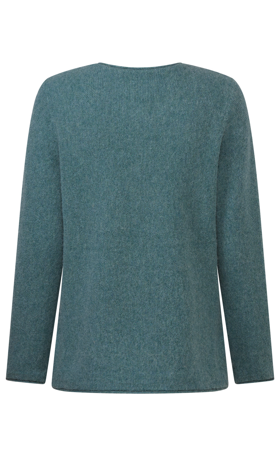 blauer damenpullover aus feinem strickstoff mit langen ärmeln und rundhalsausschnitt, rückansicht, einfachem design ohne muster oder verziertungen
