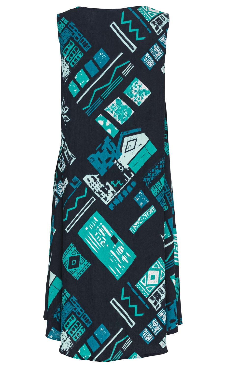 Viskose-Kleid ohne Ärmel in Dunkelblau mit abstraktem Muster aus geometrischen Formen und Linien in Türkis, Hellblau und Weiß, knielang, lockere Passform