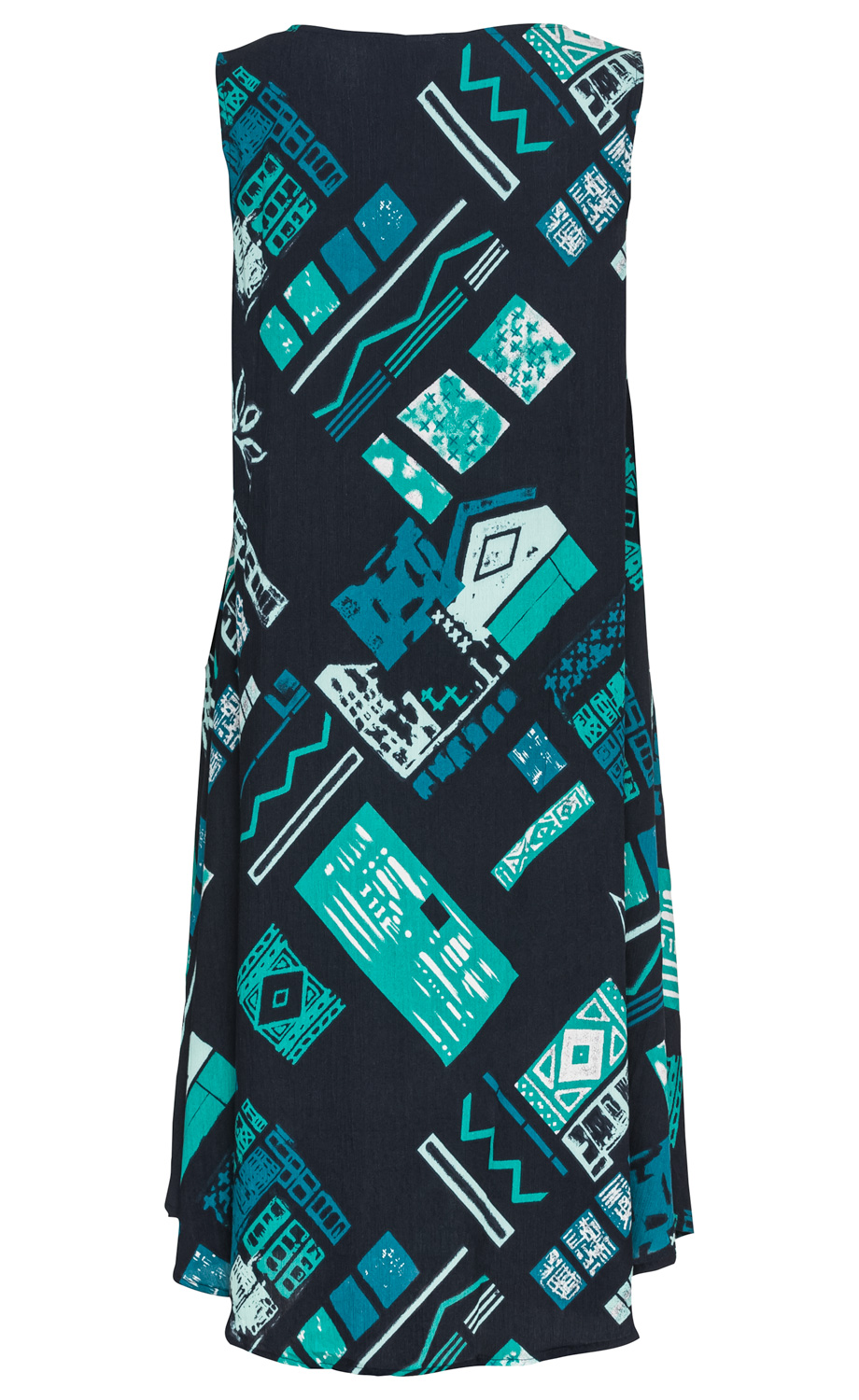 Viskose-Kleid ohne Ärmel in Dunkelblau mit abstraktem Muster aus geometrischen Formen und Linien in Türkis, Hellblau und Weiß, knielang, lockere Passform
