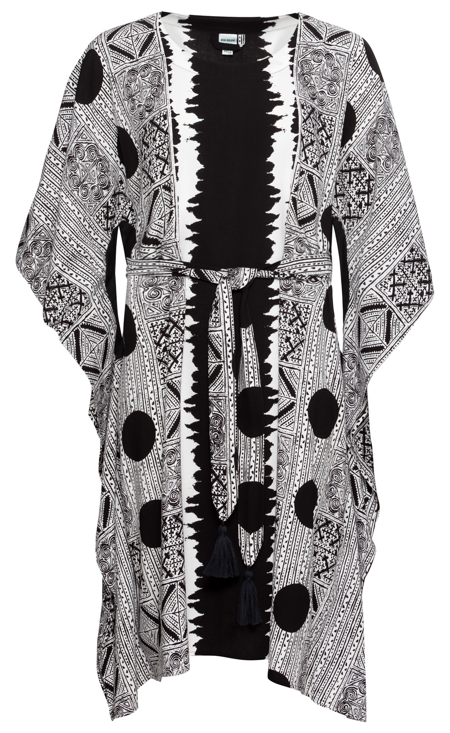 schwarz-weißer Viskose-Kaftan mit auffälligem geometrischem Muster und großen Punkten, lockerer Passform, kurzem Schnitt, Rundhalsausschnitt, Bindegürtel mit Quasten in der Taille