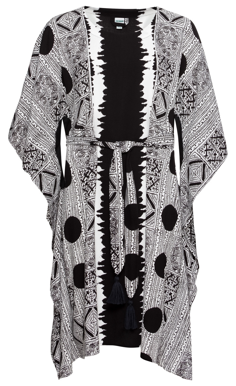 schwarz-weißer Viskose-Kaftan mit auffälligem geometrischem Muster und großen Punkten, lockerer Passform, kurzem Schnitt, Rundhalsausschnitt, Bindegürtel mit Quasten in der Taille
