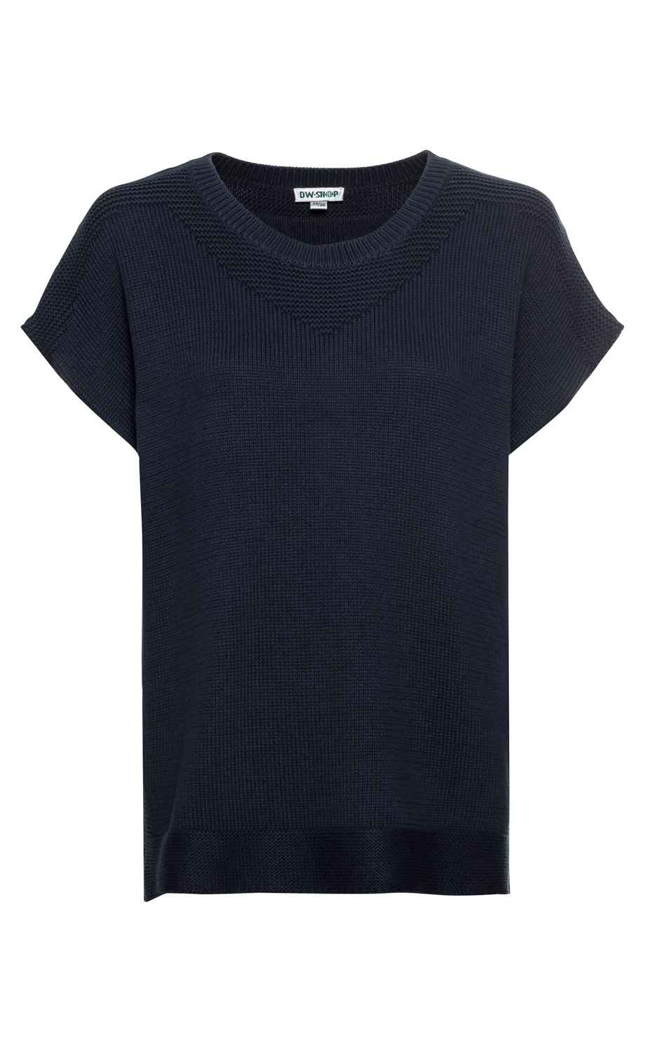 Dunkelblauer Baumwoll-Pullunder mit Rundhalsausschnitt, kurzärmlig, feiner Strickstruktur, leicht ausgestellte Passform, gerader Saum, schlichtes Design