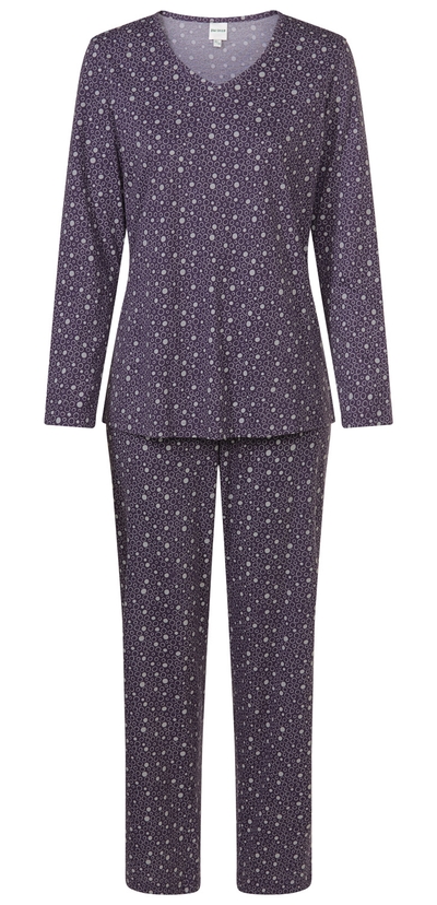 Baumwoll-Pyjama Set in Dunkelviolett mit hellgrauen, kleinen Kreisen, Langarmshirt mit V-Ausschnitt und passende lange Hose, komfortabler, lockerer Schnitt, weiche Stoffqualität