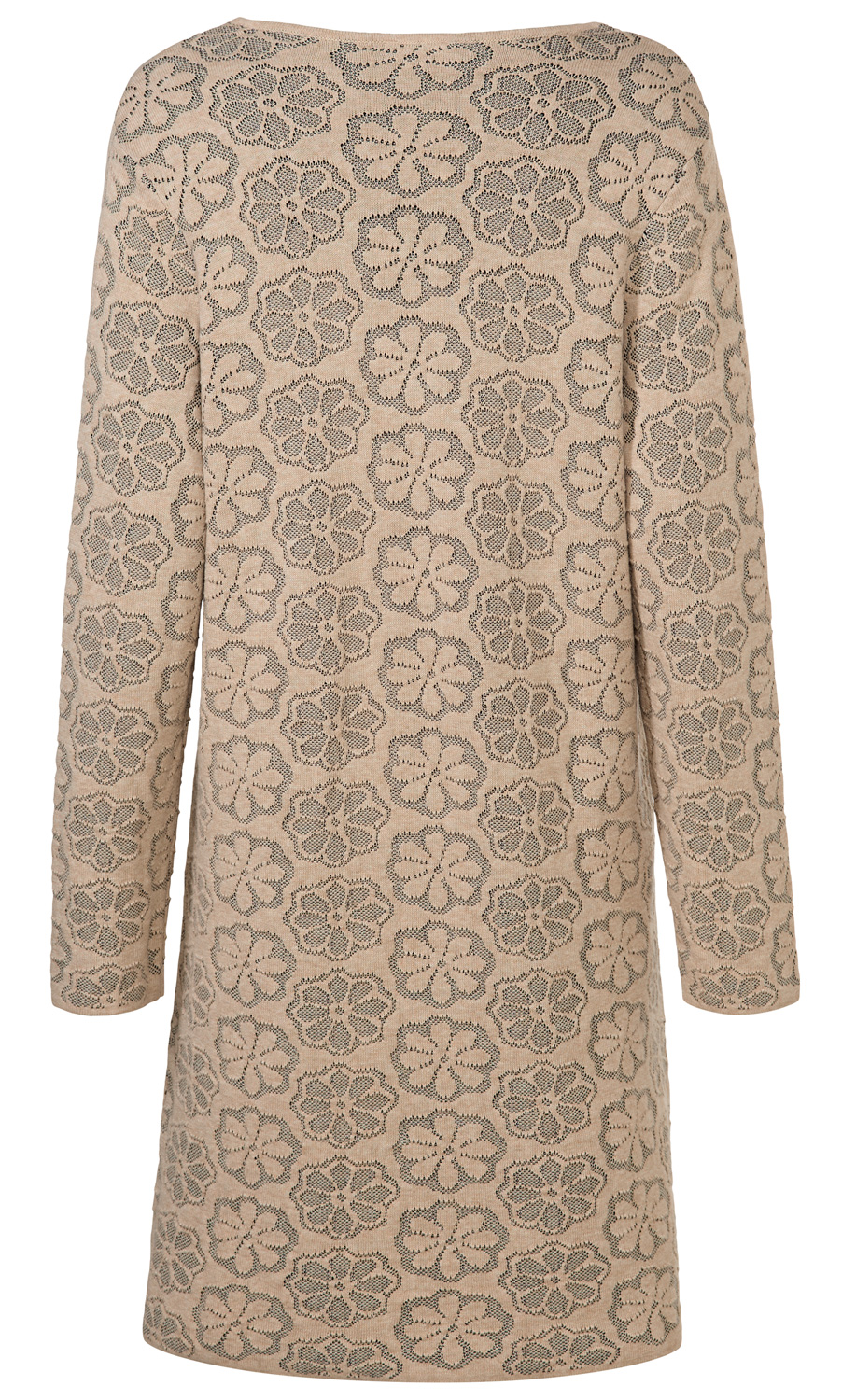 Baumwoll-Mix-Jacke in Beige mit grauem Blumenmuster, langärmlig, längere Passform, Rückansicht, warme Strickjacke mit strukturiertem floralen Design