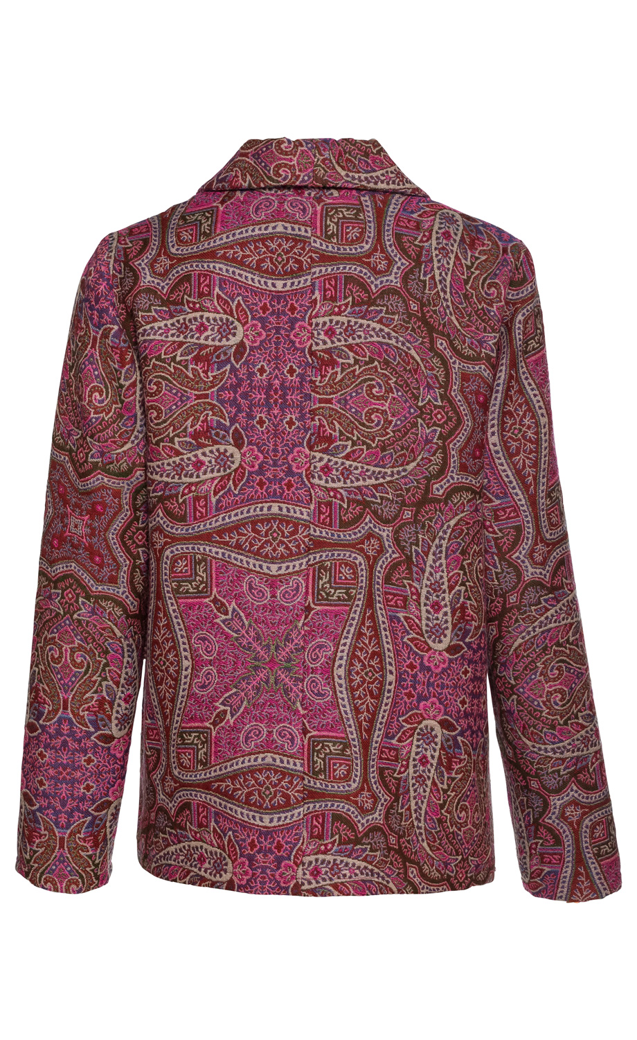 Rückansicht einer Woll-Jacke mit farbenfrohem, detailliertem Paisley-Muster in Pink, Lila und Braun, langärmlig, mit Kragen, gerade geschnitten.