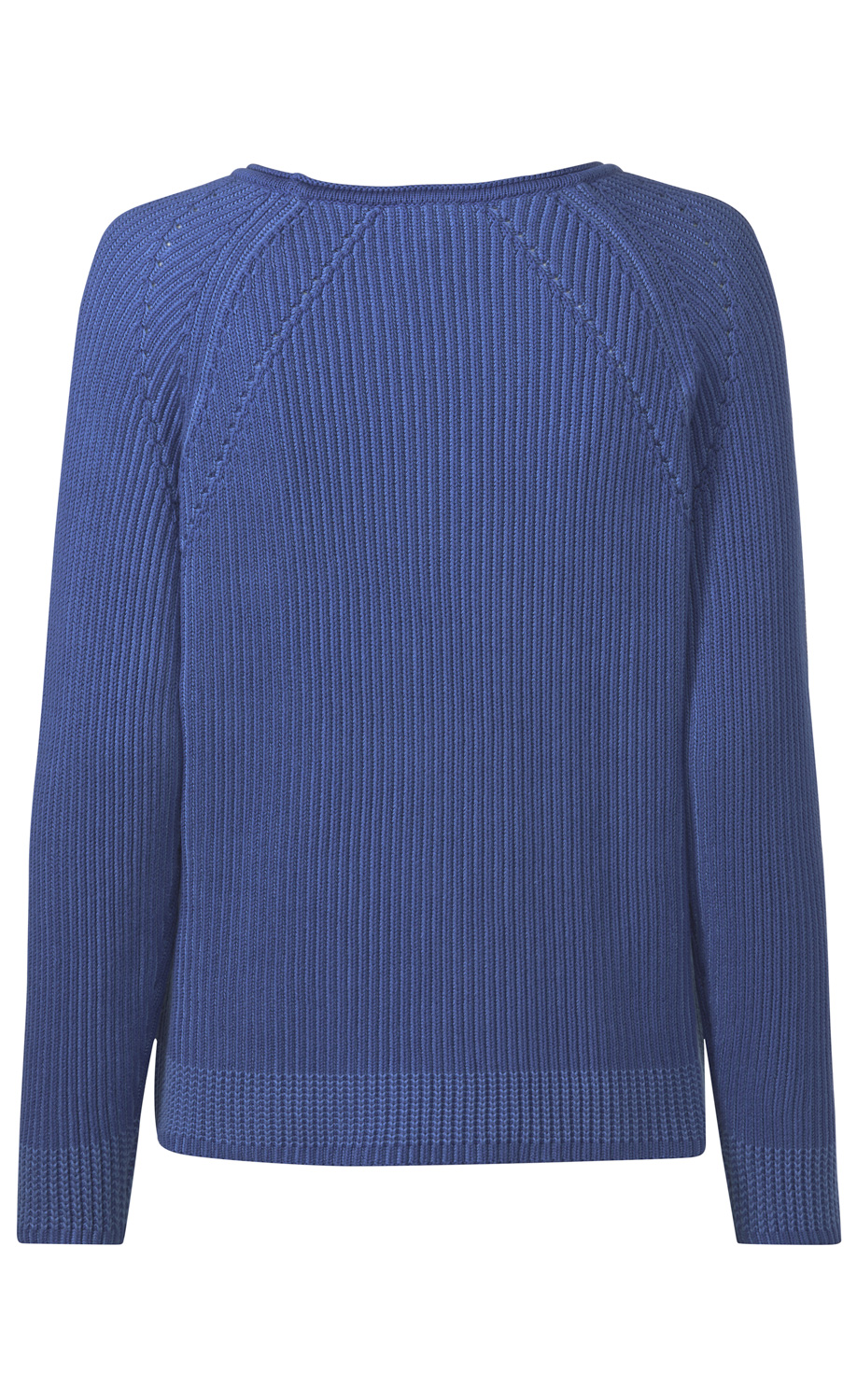 blauer Baumwoll-Pullover mit feiner Rippenstrickstruktur, Langarm, Rundhalsausschnitt, geradem Saum und dekorativen Strickmustern an Schultern und Bündchen, Rückansicht