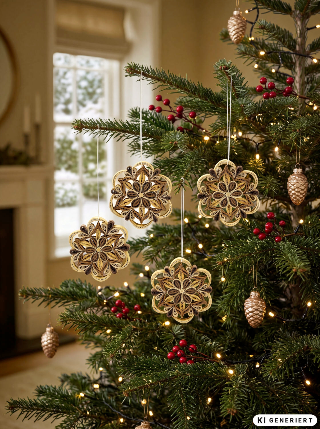 Weihnachtsbaum mit handgefertigten, gold-braunen Schneeflockenornamenten und goldenen Tannenzapfenanhängern, dekoriert mit roten Beeren und warmweißen Lichterketten, gemütliche Wohnzimmerecke mit Fenster und Kamin im Hintergrund