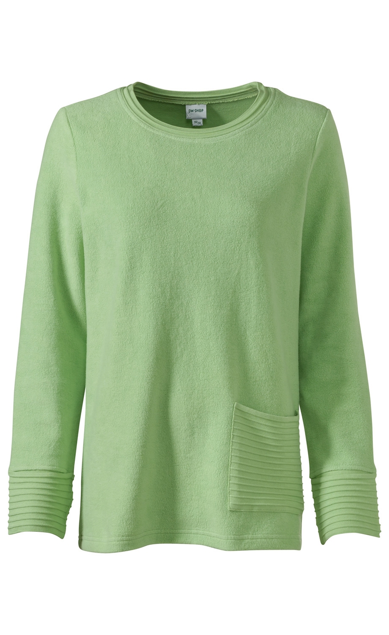 Hellgrüner Baumwoll-Fleece-Pullover mit Rundhalsausschnitt, langen Ärmeln, gerippten Bündchen und einer gerippten Tasche vorne rechts