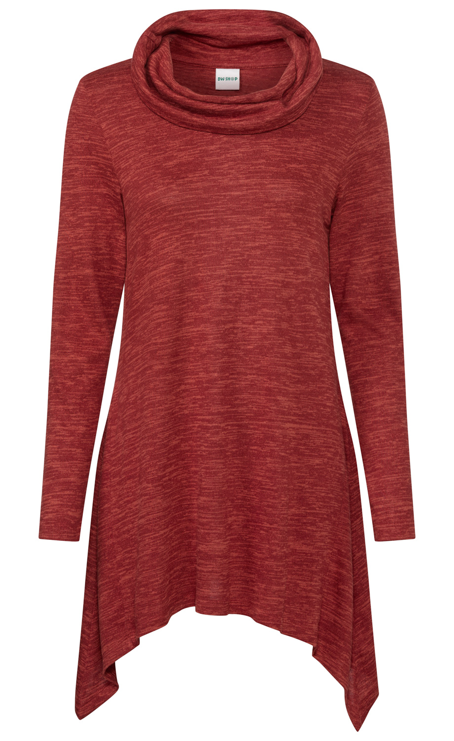 roter Damenpullover mit asymmetrischem Saum, langärmlig, lockerer Rollkragen, melierte Struktur, schmales Label im Nackenbereich, weich fallender Stoff