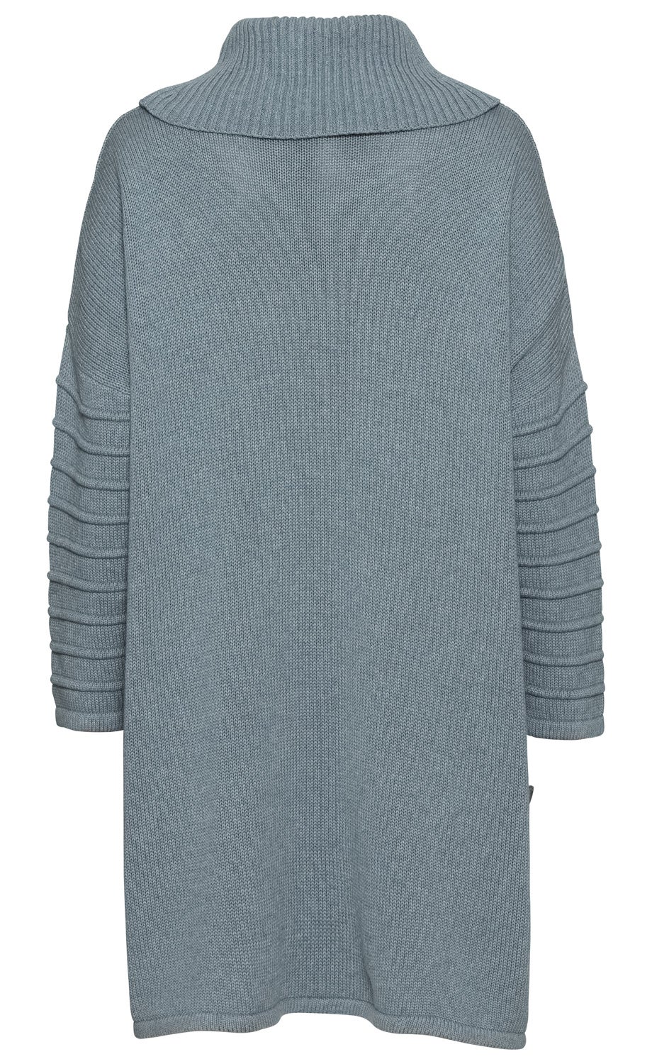 Baumwoll-Mix-Pullover in Hellblau, lang und locker geschnitten, mit breitem Rollkragen, dreiviertel Armen mit horizontalen Rippenstrukturen, weiche Strickoptik, Rückansicht, schlicht und gemütlich