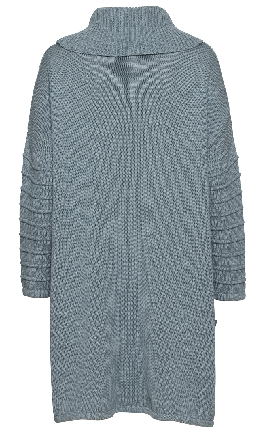 Baumwoll-Mix-Pullover in Hellblau, lang und locker geschnitten, mit breitem Rollkragen, dreiviertel Armen mit horizontalen Rippenstrukturen, weiche Strickoptik, Rückansicht, schlicht und gemütlich