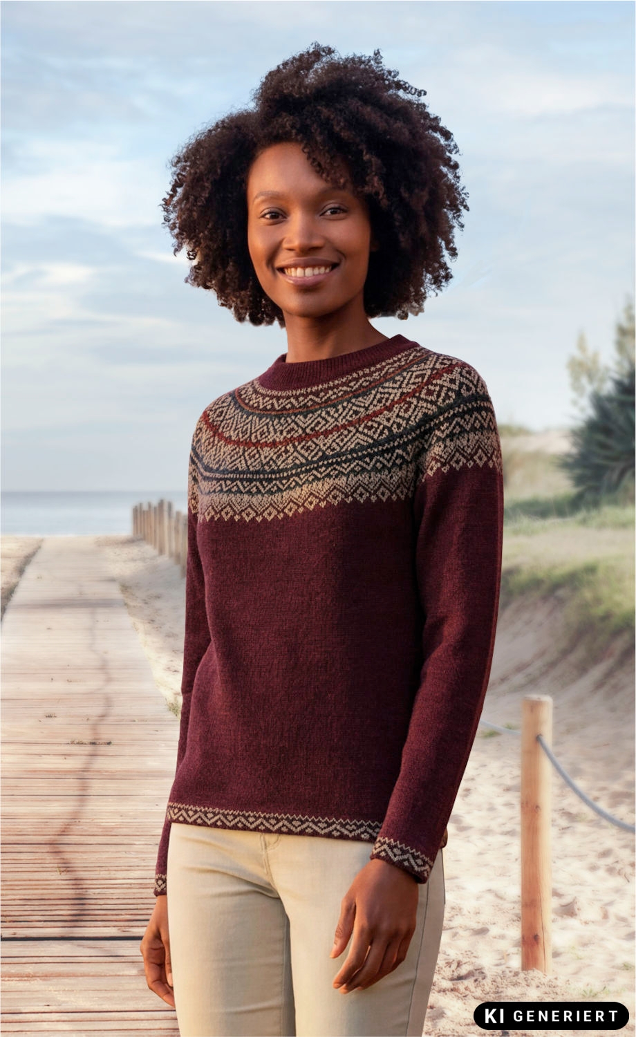 Frau trägt bordeauxroten Alpaka-Pullover mit beigem und dunkelgrünem Norwegermuster, steht auf Holzsteg am Strand, lächelt, trägt helle Hose, bewölkter Himmel und Dünen im Hintergrund