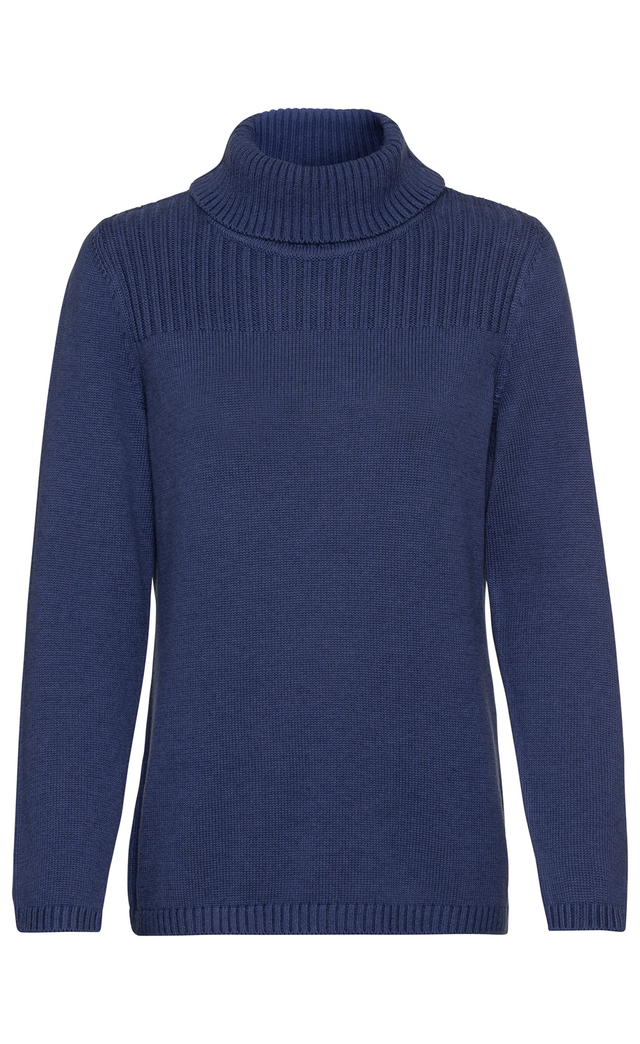 Blauer Baumwoll-Mix-Pullover mit hohem Rollkragen, langer Arm, feiner Strickstruktur, gerader Schnitt, Rippenstrick an Kragen, Schultern und Bündchen, schlicht ohne Muster oder Verzierungen.