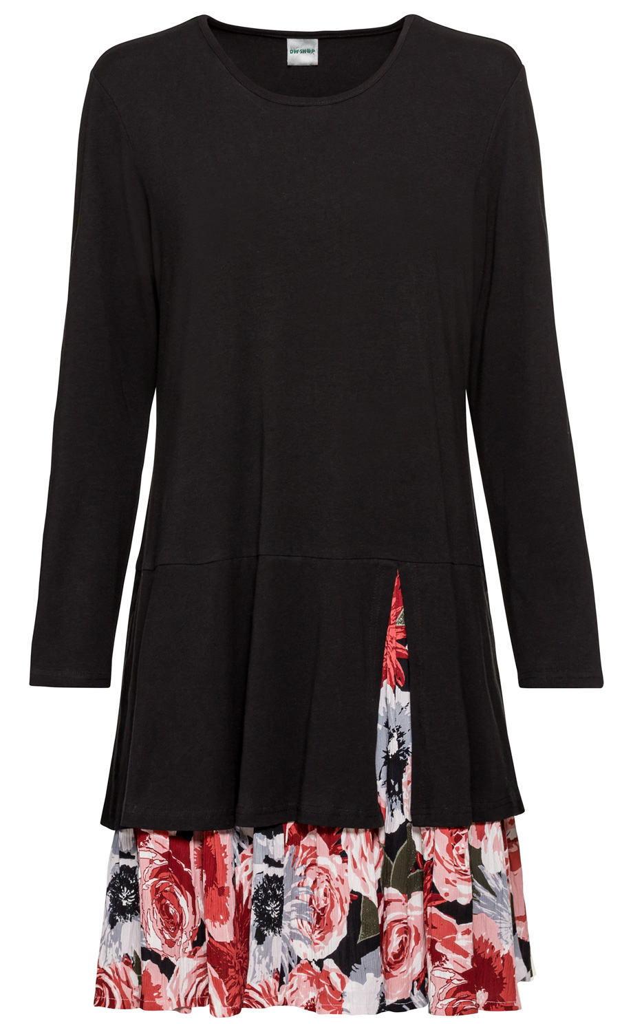 Schwarzes Baumwoll-Mix-Kleid mit langem Arm, Rundhalsausschnitt und unterem Teil mit farbigem, floralen Plisseerock in Rot-, Weiß- und Schwarztönen.
