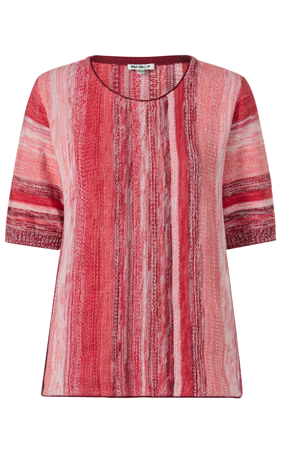 Baumwoll-Pullover mit kurzen Ärmeln, Rundhalsausschnitt, in verschiedenen Rot- und Rosatönen, fein gestrickt mit senkrechten Streifenmustern, leicht tailliert, gemütlicher Alltagsstil