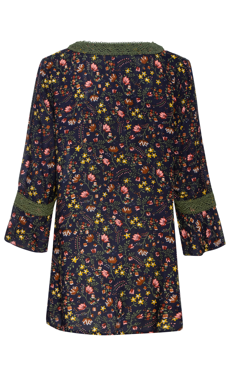 Damen Viskose-Bluse dunkelblau mit floralem Muster in Gelb, Rosa und Braun, 3/4-Ärmel mit grüner Spitzenborte an Ärmeln und Rundhalsausschnitt, lockere Passform