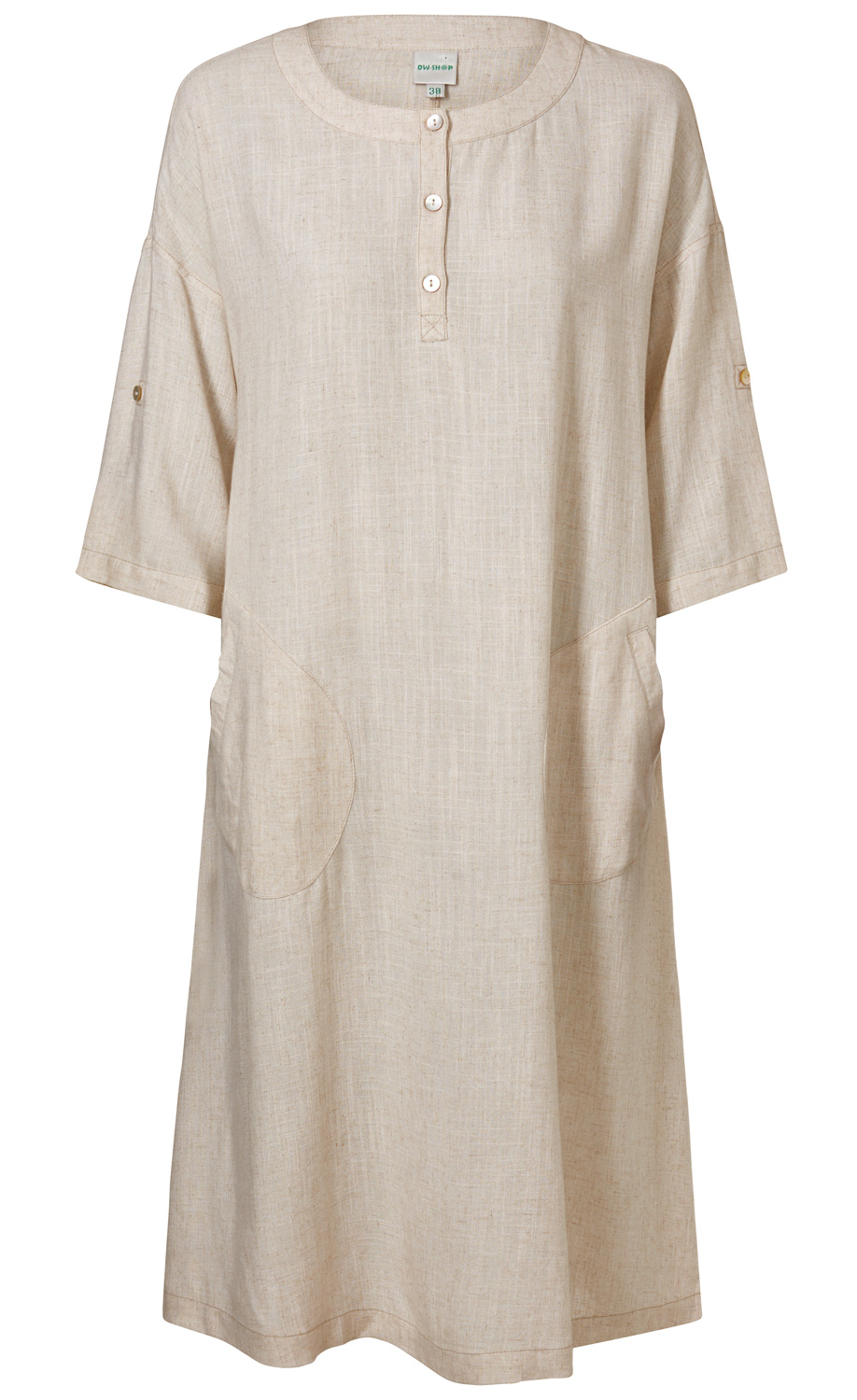 Ärmelloses Viskose-Mix-Kleid in Beige mit Rundhalsausschnitt, Knopfleiste mit drei Knöpfen vorne, halblangen Ärmeln mit Riemen und Knopf zur Fixierung, sowie zwei seitlichen Taschen.