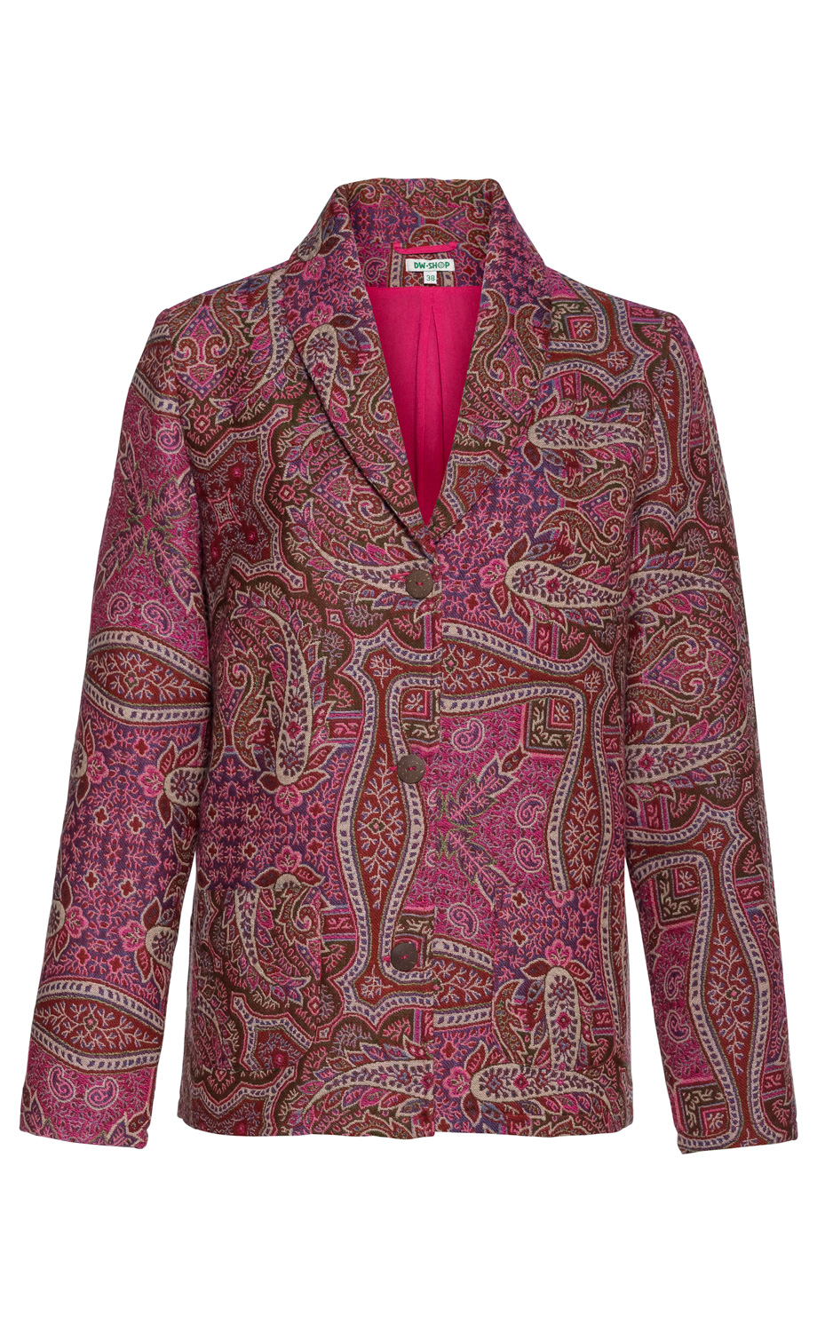 Woll-Jacke mit pink-braunem Paisley-Muster, lange Ärmel, Reverskragen, drei braune Knöpfe vorne, Brusttasche links, tailliert, Innenfutter pink, Größe 38