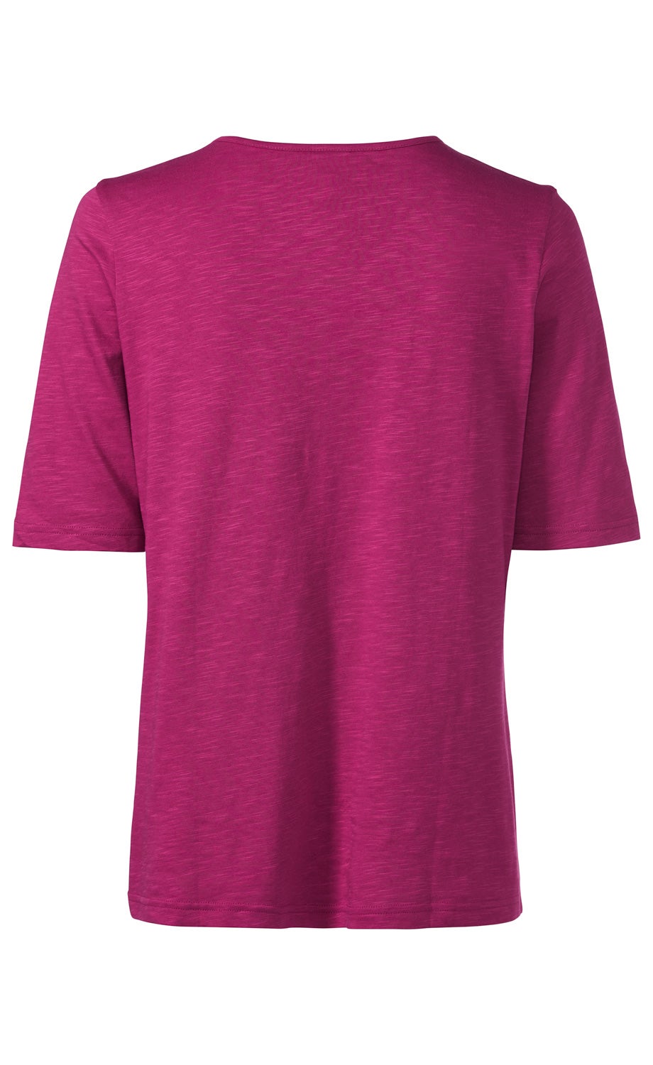 Rückansicht eines kurzärmligen Baumwoll-Shirts in knalligem Pink mit rundem Halsausschnitt und unifarbenem Design auf weißem Hintergrund