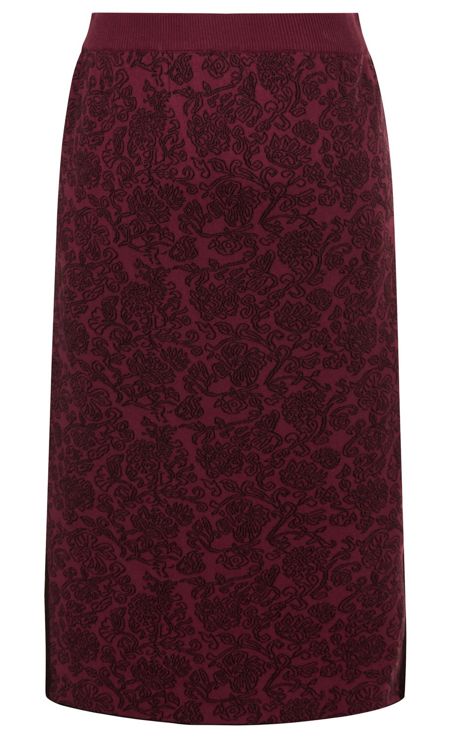 Baumwoll-Rock in Bordeauxrot mit schwarzem floralen Muster, elastischem Bund, knielang, gerade geschnitten, weicher Stoff, elegante Optik, keine sichtbaren Verschlüsse oder Verzierungen.