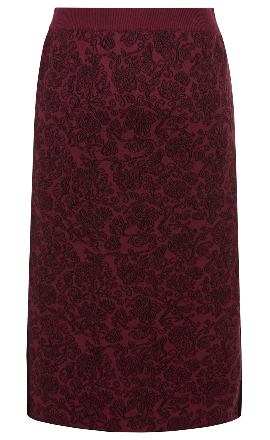 Baumwoll-Rock in Bordeauxrot mit schwarzem floralen Muster, elastischem Bund, knielang, gerade geschnitten, weicher Stoff, elegante Optik, keine sichtbaren Verschlüsse oder Verzierungen.