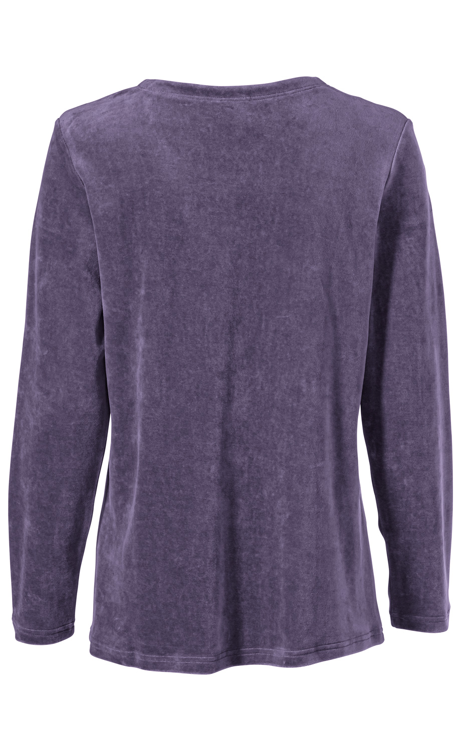 Baumwoll-Shirt in dunklem Violett, lange Ärmel, gerader Schnitt, Rückansicht, schlichtes Design ohne Muster, weicher Stoff mit leicht samtiger Textur, Rundhalsausschnitt, locker fallend