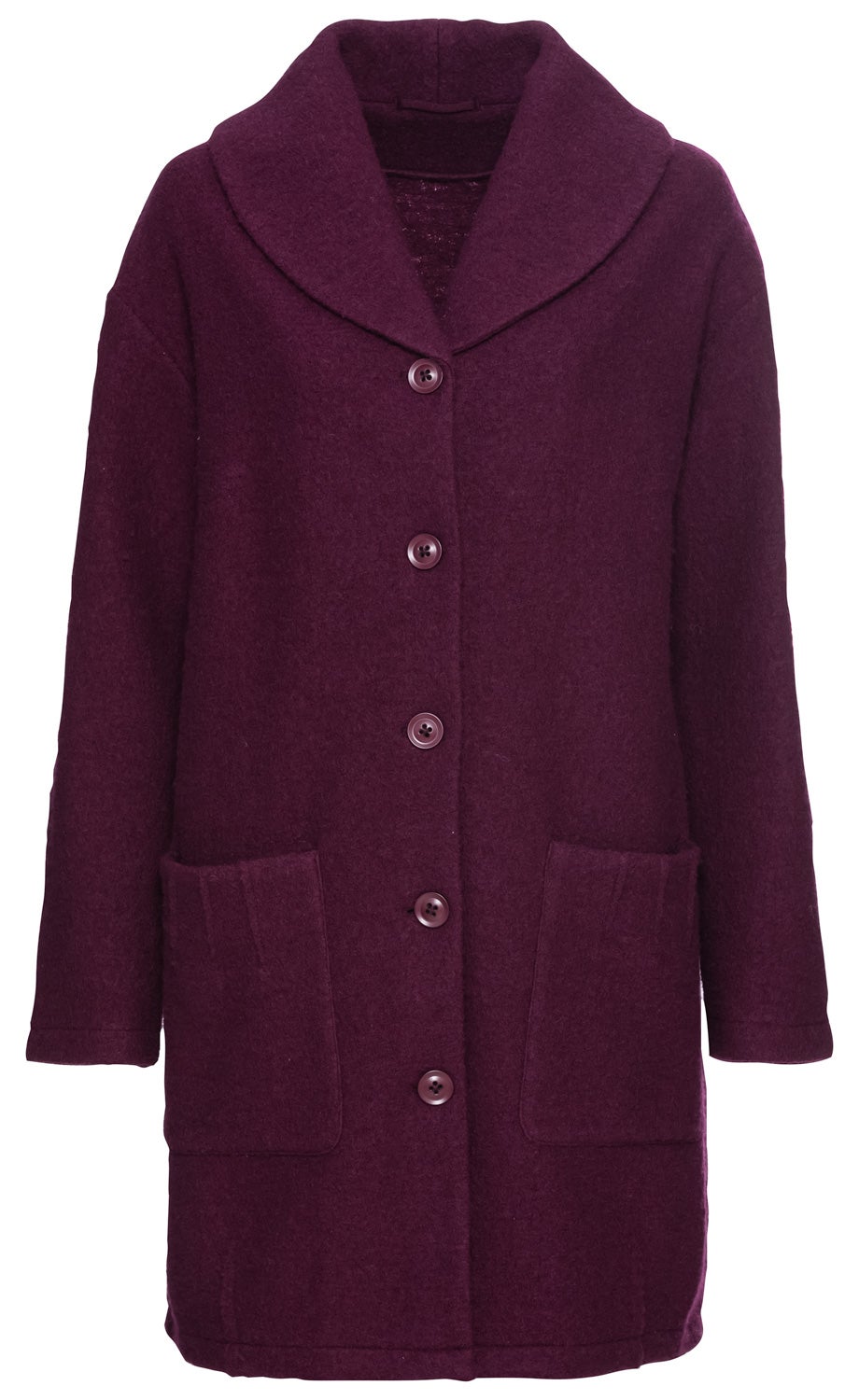 Dunkelrote Woll-Jacke mit großem Kragen, durchgehender Knopfleiste mit fünf Knöpfen, langen Ärmeln und zwei aufgesetzten Taschen vorne, gerade geschnitten, warme und dicke Stoffstruktur.