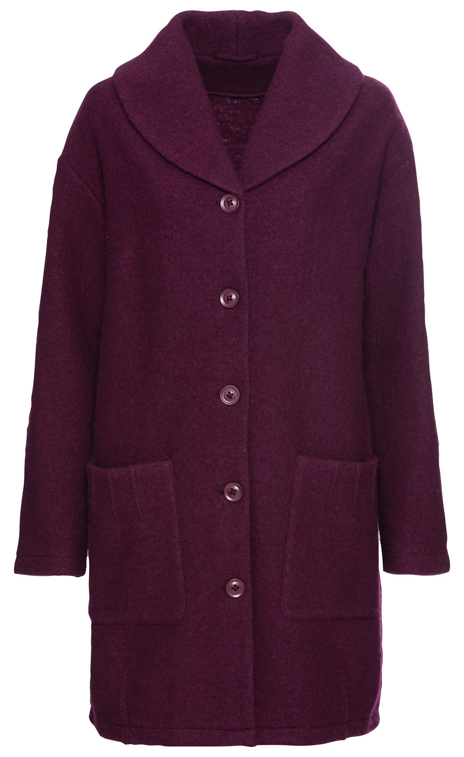 Dunkelrote Woll-Jacke mit großem Kragen, durchgehender Knopfleiste mit fünf Knöpfen, langen Ärmeln und zwei aufgesetzten Taschen vorne, gerade geschnitten, warme und dicke Stoffstruktur.