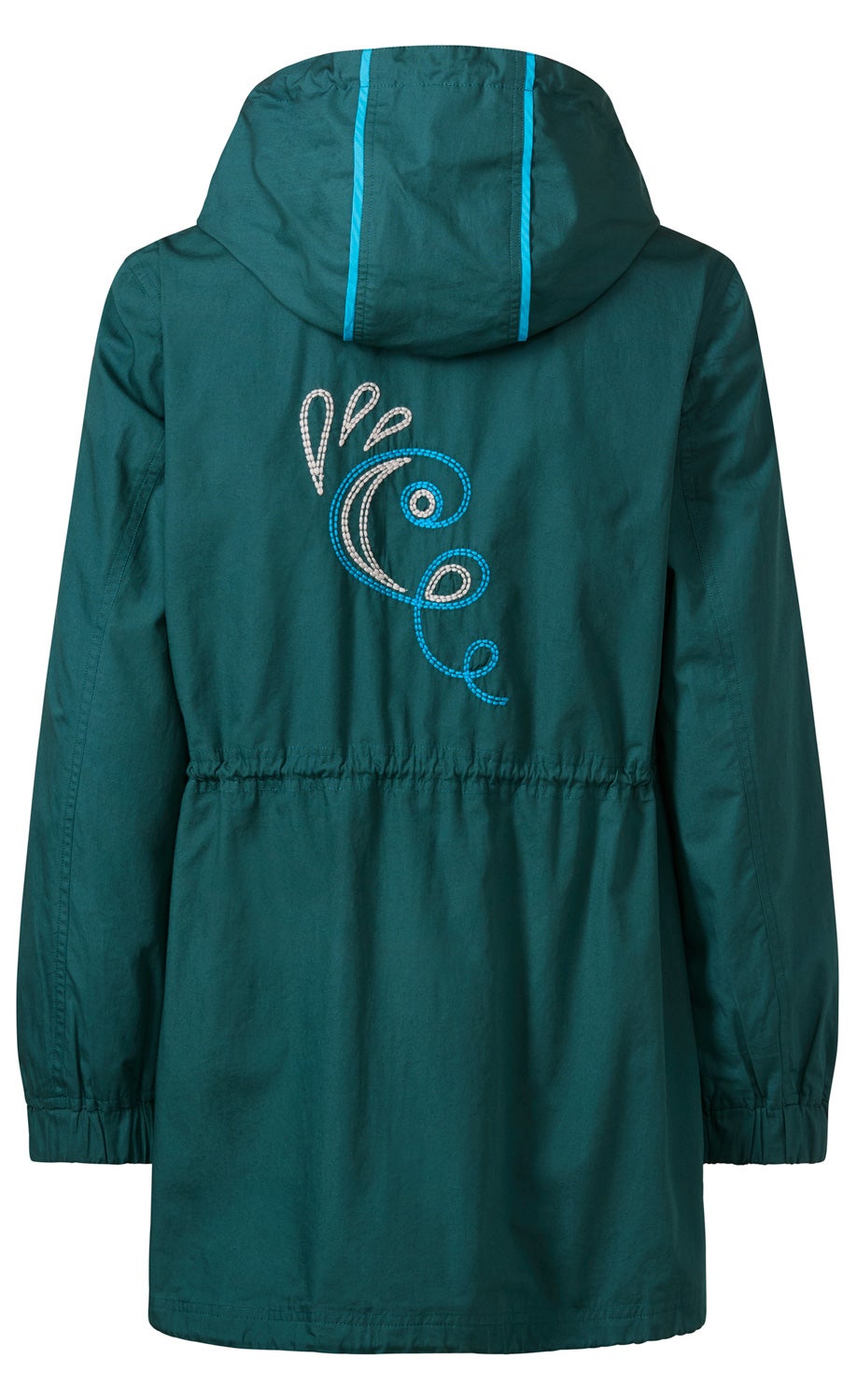Baumwoll-Jacke in Petrol mit Kapuze, elastischem Bund und blauer sowie grauer Stickerei auf dem Rücken, langärmlig, mit elastischen Ärmelabschlüssen und zwei hellblauen Zierstreifen auf der Kapuze