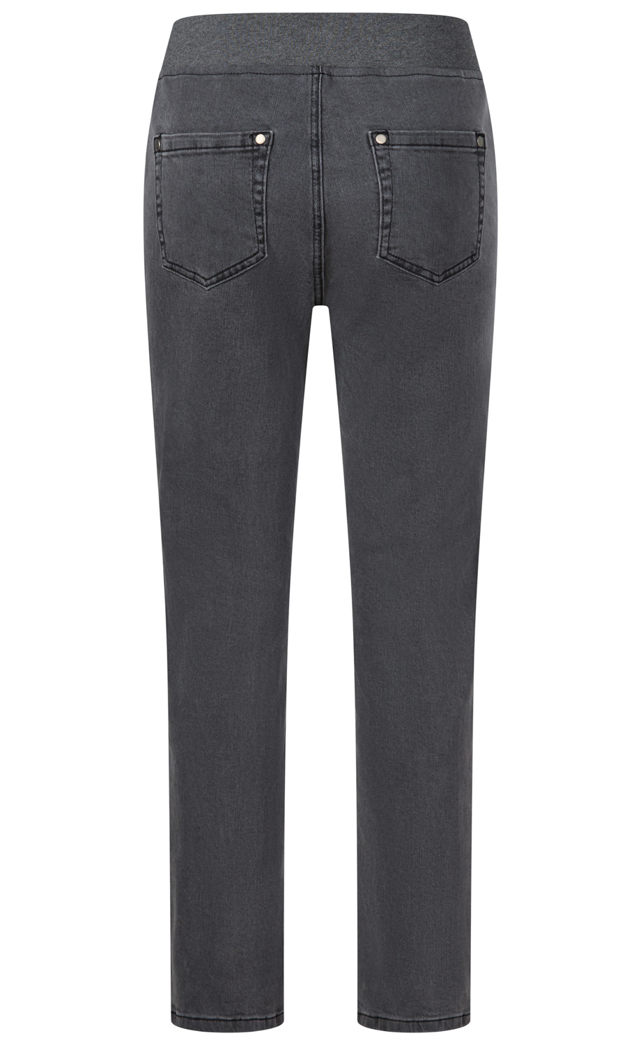 Dunkelgraue Jeanshose von hinten mit elastischem Bund, zwei aufgesetzten Gesäßtaschen mit Nieten, geradem Bein und sichtbaren Nähten, ohne Gürtel und ohne Knöpfe.